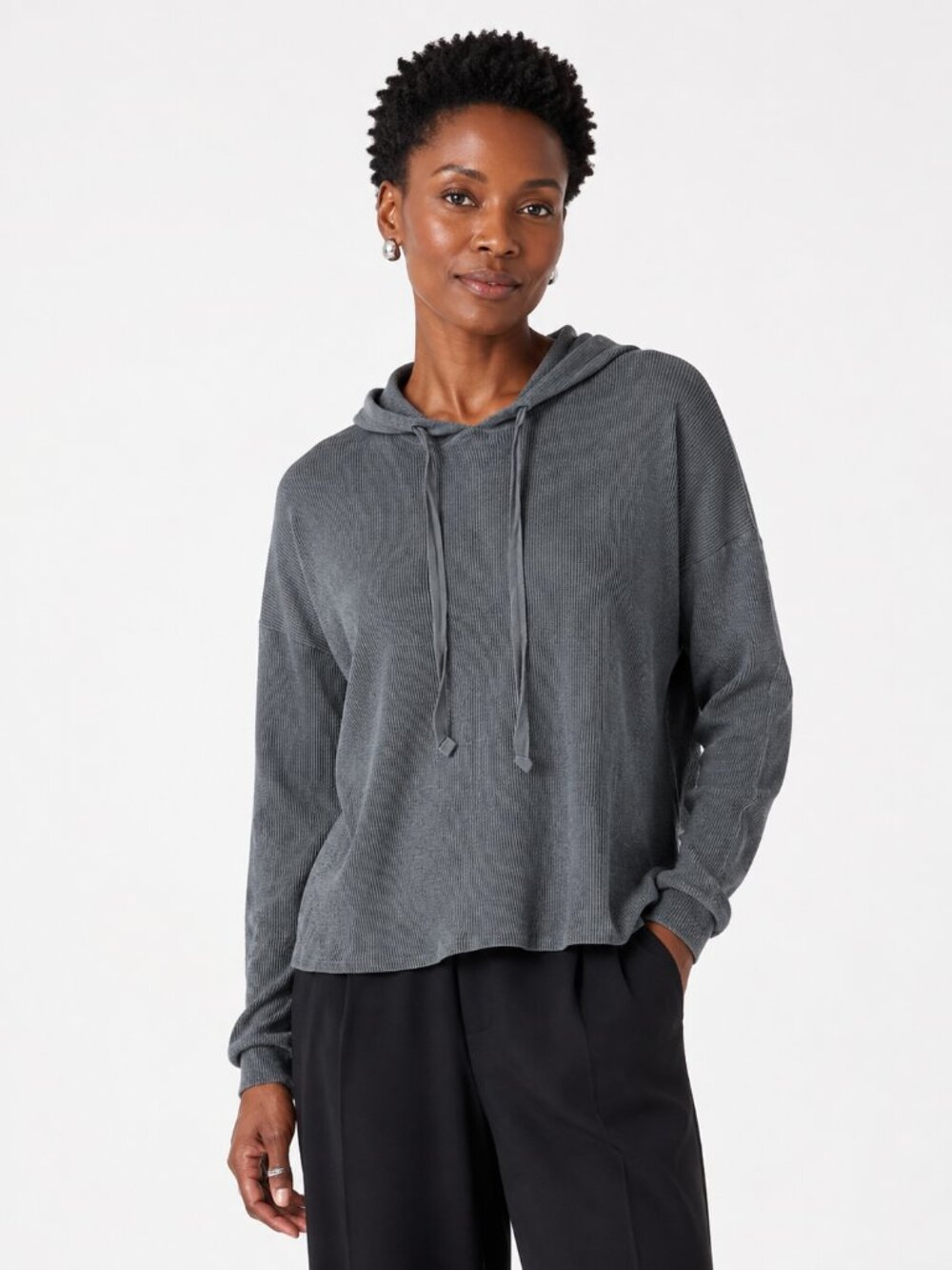 Eileen Fisher Gray Waffle Knit Hoodie Size M Minimalist Thermal Top Lounge